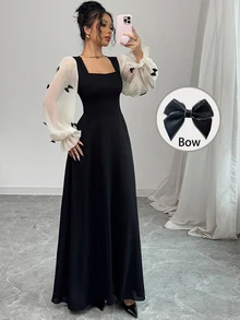 Modelyn Women Mixed Fabric Bowknot Decor 3D Floral Cinched Waist Woven Dress Fall Cloth For Women - Black - View 3