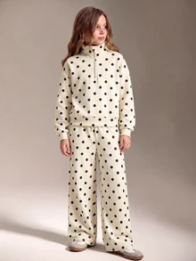 SHEIN 青少年女孩秋季套裝 1/4拉鍊寬鬆可愛酷女孩衛衣運動褲套裝 寬鬆版型 適合學校生日穿著 黑白波點 - 白色 - 查看 5