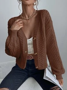 SHEIN 女款素色單排扣休閒百搭日常外出長袖開襟衫 - 咖啡棕 - 查看 5