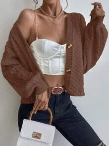 SHEIN 女款素色單排扣休閒百搭日常外出長袖開襟衫 - 咖啡棕 - 查看 6