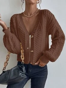 SHEIN 女款素色單排扣休閒百搭日常外出長袖開襟衫 - 咖啡棕 - 查看 7