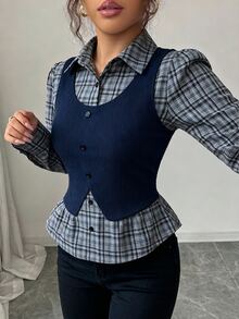 Elenzga 女款棕色格紋拼接羅紋布料領口收腰設計 2 合 1 優雅教師穿搭，適合日、Cyber Monday、萬聖節、單身派對、平安夜、聖誕節、感恩節，秋季襯衫上衣服飾，新必備時尚單品，小眾設計，百搭風格 - 藏蓝色 - 查看 6