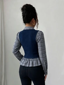 Elenzga 女款棕色格紋拼接羅紋布料領口收腰設計 2 合 1 優雅教師穿搭，適合日、Cyber Monday、萬聖節、單身派對、平安夜、聖誕節、感恩節，秋季襯衫上衣服飾，新必備時尚單品，小眾設計，百搭風格 - 藏蓝色 - 查看 2