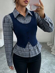 Elenzga 女款棕色格紋拼接羅紋布料領口收腰設計 2 合 1 優雅教師穿搭，適合日、Cyber Monday、萬聖節、單身派對、平安夜、聖誕節、感恩節，秋季襯衫上衣服飾，新必備時尚單品，小眾設計，百搭風格 - 藏蓝色 - 查看 5