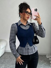 Elenzga 女款棕色格紋拼接羅紋布料領口收腰設計 2 合 1 優雅教師穿搭，適合日、Cyber Monday、萬聖節、單身派對、平安夜、聖誕節、感恩節，秋季襯衫上衣服飾，新必備時尚單品，小眾設計，百搭風格 - 藏蓝色 - 查看 4