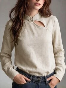 Rosivaux Autumn Women Vintage Frog Button Cutout Linen Blend Blouse Fall Long Sleeve Mandarin Collar Casual Woman Shirt Sophisticated Blouses For Office Work - Khaki - View 6