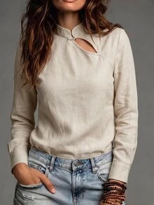 Rosivaux Autumn Women Vintage Frog Button Cutout Linen Blend Blouse Fall Long Sleeve Mandarin Collar Casual Woman Shirt Sophisticated Blouses For Office Work - Khaki - View 5