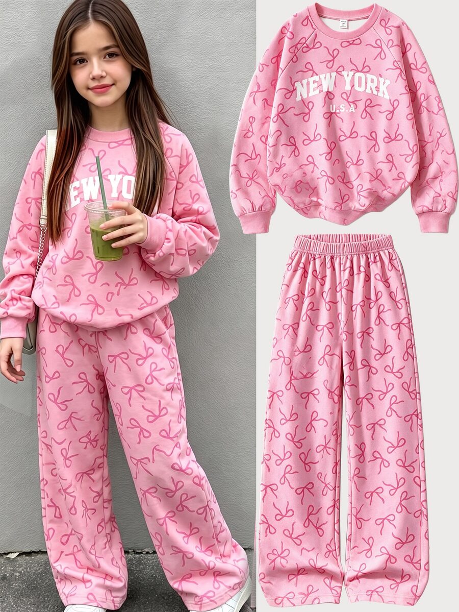 SHEIN 青少年女孩運動休閒套裝 長袖綠色羅紋袖口下擺領口 側邊貼條蝴蝶結彈性腰長褲 粉色 Y2K 可愛秋季校園風 - 粉色 - 查看 1