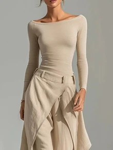 SHEIN Women's Fall Winter Linen Wrap Overlay Wide Leg Pants, High Waist Asymmetric Layered Palazzo Trousers, Casual Loose Flowy Culottes - Apricot - View 4