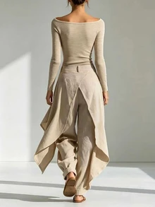 SHEIN Women's Fall Winter Linen Wrap Overlay Wide Leg Pants, High Waist Asymmetric Layered Palazzo Trousers, Casual Loose Flowy Culottes - Apricot - View 2