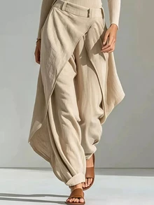 SHEIN Women's Fall Winter Linen Wrap Overlay Wide Leg Pants, High Waist Asymmetric Layered Palazzo Trousers, Casual Loose Flowy Culottes - Apricot - View 1