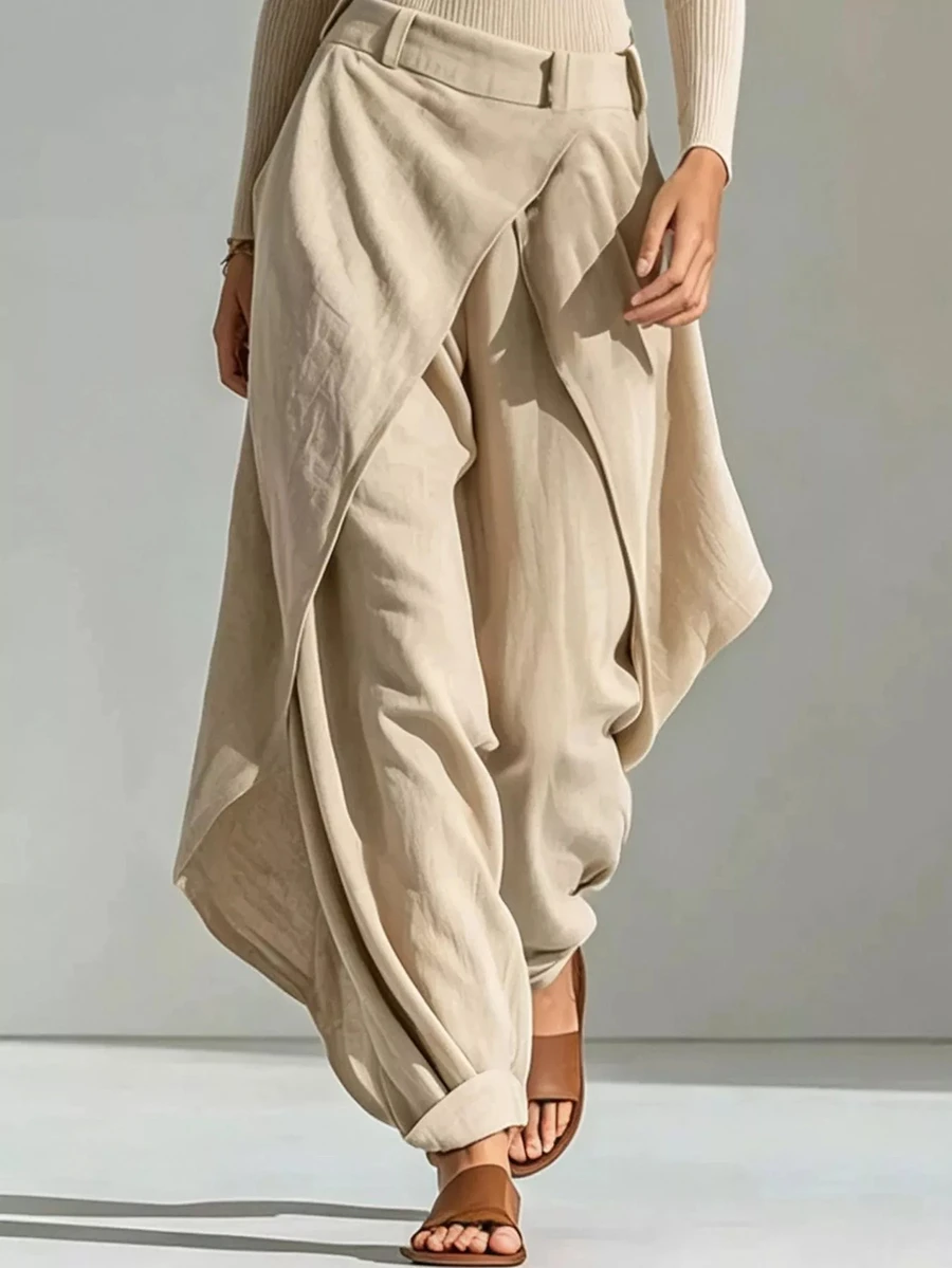 SHEIN Women's Fall Winter Linen Wrap Overlay Wide Leg Pants, High Waist Asymmetric Layered Palazzo Trousers, Casual Loose Flowy Culottes - Apricot - View 1