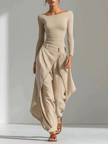 SHEIN Women's Fall Winter Linen Wrap Overlay Wide Leg Pants, High Waist Asymmetric Layered Palazzo Trousers, Casual Loose Flowy Culottes - Apricot - View 3