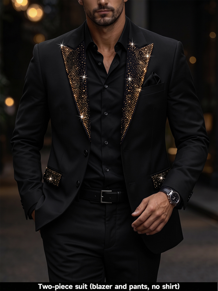 Manfinity Mode Chaqueta de traje de un solo pecho con pedrería y pantalones a juego para hombre, otoño, elegante, fiesta, adecuado para negocios, banquetes y ceremonias, formal - Negro - Añade 5