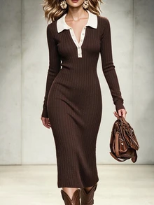 SHEIN New Ribbed Knit Midi Dress, Polo Collar Off-White Contrast, Slim Bodycon For Fall Winter - Coffee Brown - View 3