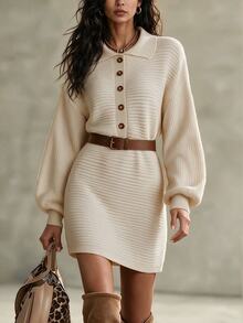 SHEIN Polo Collar Ribbed Knit Mini Dress Puff Long Sleeve Half Button Bodycon Sweater Dress - Beige - View 8