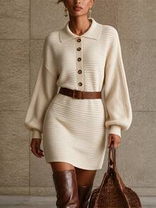 SHEIN Polo Collar Ribbed Knit Mini Dress Puff Long Sleeve Half Button Bodycon Sweater Dress - Beige - View 7