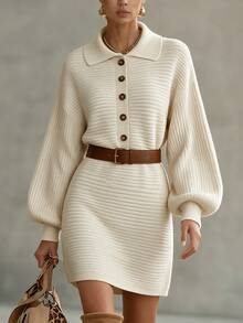 SHEIN Polo Collar Ribbed Knit Mini Dress Puff Long Sleeve Half Button Bodycon Sweater Dress - Beige - View 3