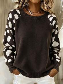 SHEIN Casual Dalmatian Pattern Raglan Sleeve Knit Sweater For Autumn/Winter Knit Pullover Fall - Coffee Brown - View 9