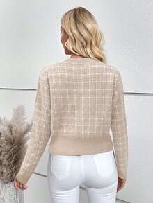 SHEIN Plaid Pattern Patch Pocket Cardigan,Long Sleeve Tops Fall Winter Cloth For Women - Beige - View 2
