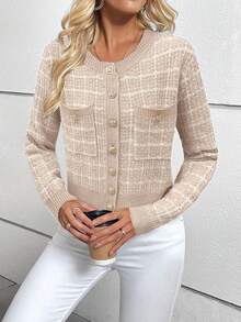 SHEIN Plaid Pattern Patch Pocket Cardigan,Long Sleeve Tops Fall Winter Cloth For Women - Beige - View 7