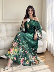 SHEIN Najma Floral Print Asymmetrical Shoulder Long Sleeve Elegant Arabic Traditional Abaya - Multicolor - View 1