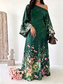 SHEIN Najma Floral Print Asymmetrical Shoulder Long Sleeve Elegant Arabic Traditional Abaya - Multicolor - View 5