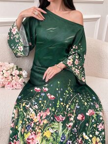 SHEIN Najma Floral Print Asymmetrical Shoulder Long Sleeve Elegant Arabic Traditional Abaya - Multicolor - View 3