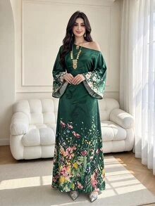 SHEIN Najma Floral Print Asymmetrical Shoulder Long Sleeve Elegant Arabic Traditional Abaya - Multicolor - View 6