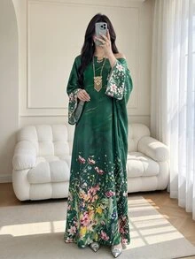 SHEIN Najma Floral Print Asymmetrical Shoulder Long Sleeve Elegant Arabic Traditional Abaya - Multicolor - View 7