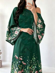 SHEIN Najma Floral Print Asymmetrical Shoulder Long Sleeve Elegant Arabic Traditional Abaya - Multicolor - View 4