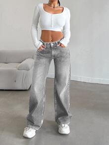 SHEIN Women Wide Leg Light Wash Grey Casual Petite Denim Jeans - Light Wash - View 3