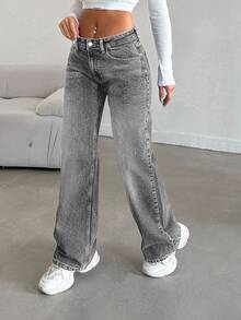 SHEIN Women Wide Leg Light Wash Grey Casual Petite Denim Jeans - Light Wash - View 9