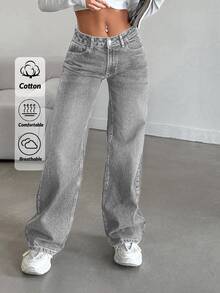 SHEIN Women Wide Leg Light Wash Grey Casual Petite Denim Jeans - Light Wash - View 1