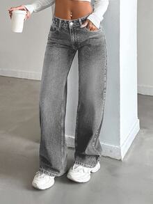 SHEIN Women Wide Leg Light Wash Grey Casual Petite Denim Jeans - Light Wash - View 7