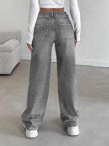 SHEIN Women Wide Leg Light Wash Grey Casual Petite Denim Jeans - Light Wash - View 2