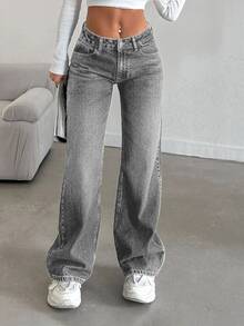 SHEIN Women Wide Leg Light Wash Grey Casual Petite Denim Jeans - Light Wash - View 6