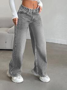 SHEIN Women Wide Leg Light Wash Grey Casual Petite Denim Jeans - Light Wash - View 8