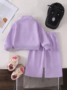 SHEIN Babyflicka rosettbroderad sweatshirt & mjukisbyxset höst - Blåröd - Visa 2