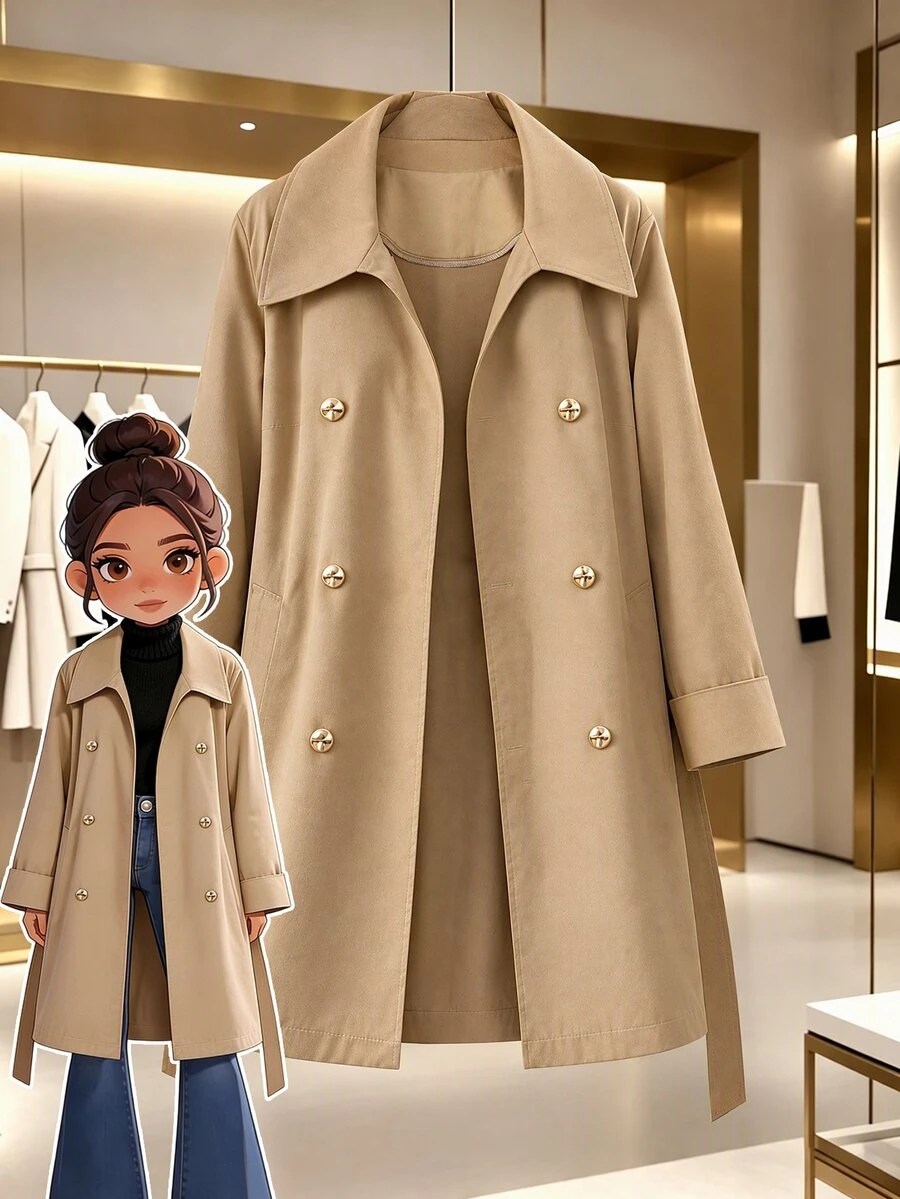 EMERY ROSE Plus Size Women's Elegant Solid Color Lapel Double-Breasted Pockets Long Sleeve Belt A-Line Mid-Length Coat Fall Office Formal Casual Khaki - Khaki - View 1