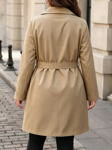 EMERY ROSE Plus Size Women's Elegant Solid Color Lapel Double-Breasted Pockets Long Sleeve Belt A-Line Mid-Length Coat Fall Office Formal Casual Khaki - Khaki - View 2
