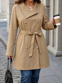 EMERY ROSE Plus Size Women's Elegant Solid Color Lapel Double-Breasted Pockets Long Sleeve Belt A-Line Mid-Length Coat Fall Office Formal Casual Khaki - Khaki - View 3