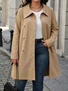 EMERY ROSE Plus Size Women's Elegant Solid Color Lapel Double-Breasted Pockets Long Sleeve Belt A-Line Mid-Length Coat Fall Office Formal Casual Khaki - Khaki - View 5