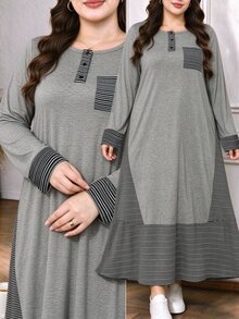 Lacomfia Plus Size Women's Loose Casual Round Neck Long Sleeve Patchwork Striped Knit Long Dress, Autumn - Grey - View 3