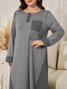 Lacomfia Plus Size Women's Loose Casual Round Neck Long Sleeve Patchwork Striped Knit Long Dress, Autumn - Grey - View 8