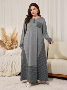 Lacomfia Plus Size Women's Loose Casual Round Neck Long Sleeve Patchwork Striped Knit Long Dress, Autumn - Grey - View 6