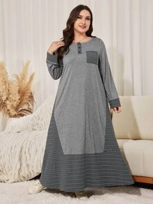Lacomfia Plus Size Women's Loose Casual Round Neck Long Sleeve Patchwork Striped Knit Long Dress, Autumn - Grey - View 7