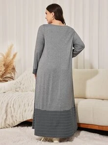Lacomfia Plus Size Women's Loose Casual Round Neck Long Sleeve Patchwork Striped Knit Long Dress, Autumn - Grey - View 2