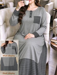 Lacomfia Plus Size Women's Loose Casual Round Neck Long Sleeve Patchwork Striped Knit Long Dress, Autumn - Grey - View 1