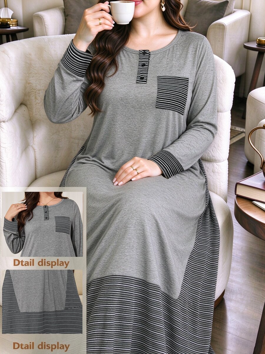 Lacomfia Plus Size Women's Loose Casual Round Neck Long Sleeve Patchwork Striped Knit Long Dress, Autumn - Grey - View 1